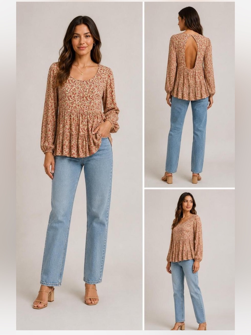 American Rag Floral Peplum Long Sleeve Tunic in Rust and Cream